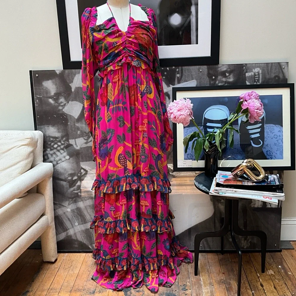 NWT Farm Rio Farm Rio's Sweet Forest  pink tier halter mushroom maxi dress - Picture 6 of 17